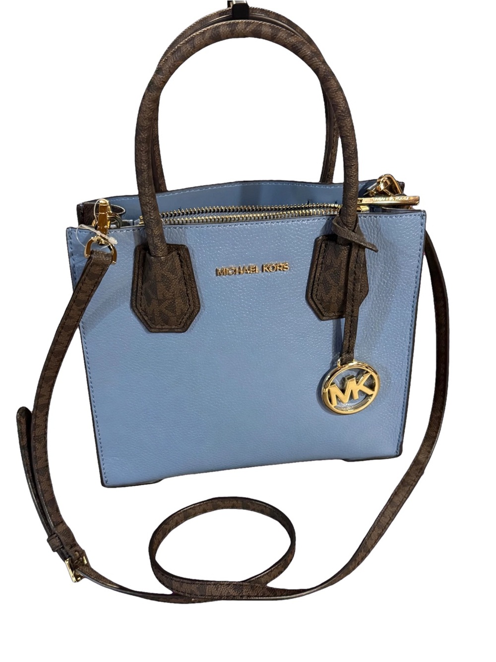 💙 Michael Kors Mercer X-Small Messenger Satchel Chambray Blue & Brown Signature